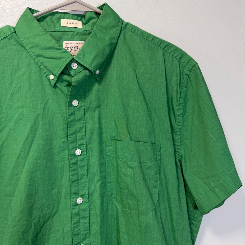 J Crew Mens Large Green Short Sleeve Button Down Classic Fit Cotton Shirt